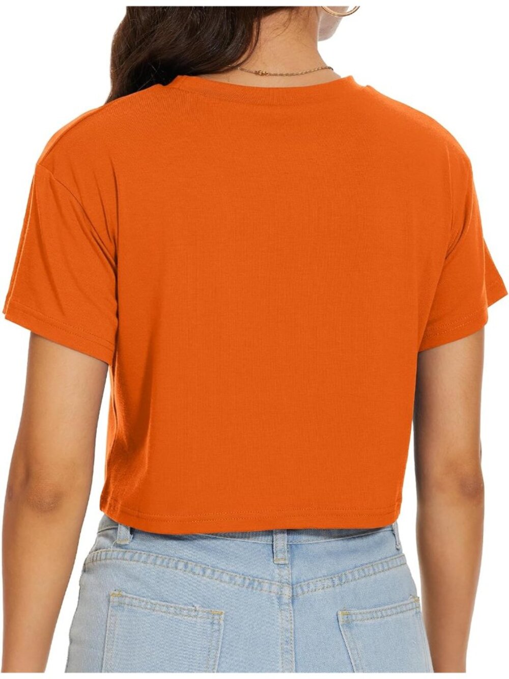 Women's Solid Orange Short Sleeve Round Neck Loose Fit Casual Summer Crop Tops - Picture 6 of 6